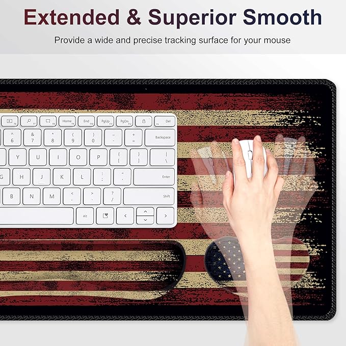 Desk Mat Pad Gaming Mouse Pad Wrist Support Set 4 in1 Non-Slip XXL Large Mousepad + Ergonomic Keyboard Wrist Rest+Mouse Wrist Rest+Coaster for Home Office PC Computer I Vintage American Flag