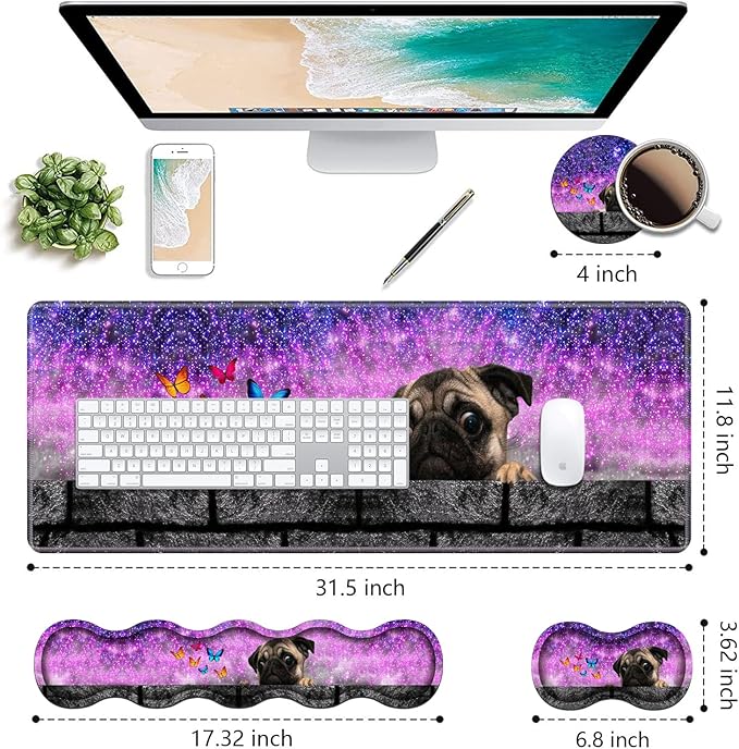 Ergonomic Keyboard Wrist Rest &amp Mouse Pad Wrist Rest Set Large XXL Gaming Desk Mat 31.5x 11.8 with Non-Slip Base Memory Foam Easy Typing Pain Relief for Home &amp Office Cute Pug and Butter
