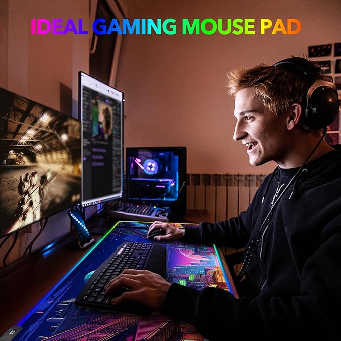 AIMSA RGB Gaming Mouse Pad Large Mousepad with 14 Led Light Modes Keyboard Pad Gaming Accessories for Desk Non-Slip Rubber Base Mouse Mat for Gamer Modern Urban Night Scene