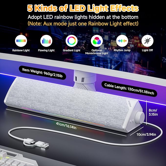 SOULION Computer Speakers USB-Powered Bluetooth PC Soundbar with Dynamic RGB LED Lights Surround Sound for Desktop Laptop Office Work Music &amp Gaming White (USB-C to USB Adapter Included)