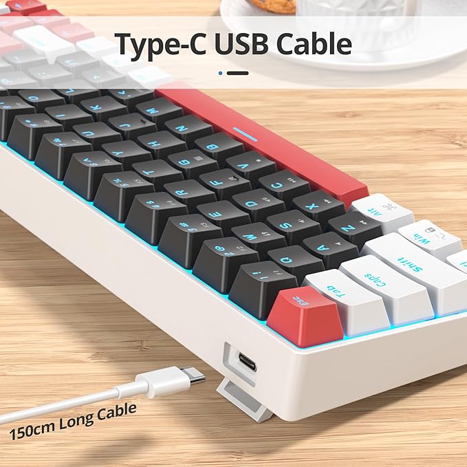 surmen 65% Mechanical Gaming Keyboard with Linear Red Switch Wired Mini Compact Keyboard 60 Percent Backlit for Laptop Desktop PC Gamers（68 Black-Ice Blue）