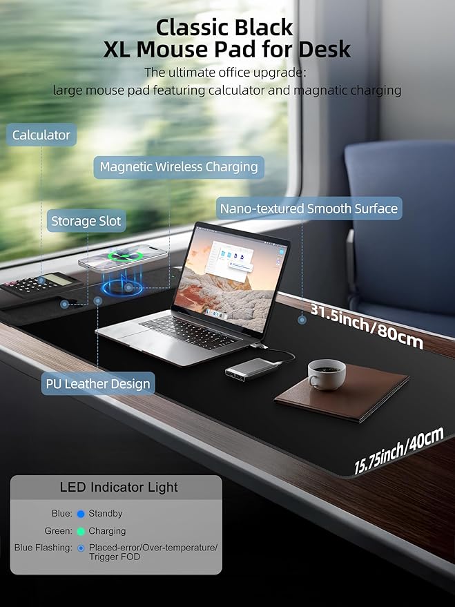 Mouse Pad 31.5x15.75 Inch with Calculator 15W Magnetic Wireless Charging Desk Mat XXL Desk Pad Home Office Large Keyboard Pad with Ultra-Smooth Surface Non-Slip Base (Black)
