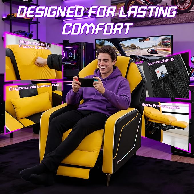 Gaming Recliner Chair with LED Lights Racing Style PU Leather Gaming Recliner for Adults Ergonomic Push-Back Recliner with Lumbar Pillow Home Theater Seating with Side Pockets Yellow
