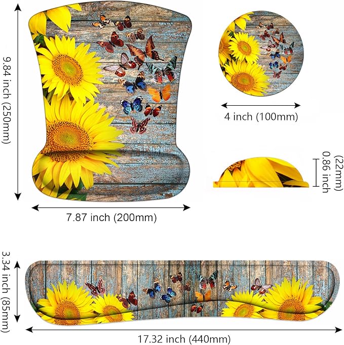 Keyboard Wrist Rest and Mouse Pad Wrist Support Set with Coasters Non-Slip PU Base Ergonomic Gaming Mousepad for Computer Laptop Home Office Easy Typing &amp Pain Relief - Sunflower and Butterfly