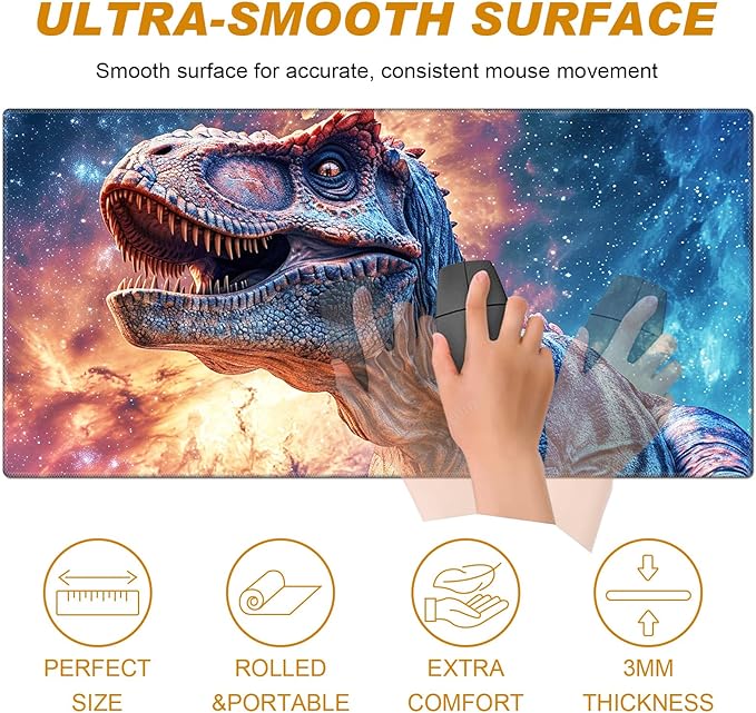 Desk Pad Large Game Mouse Pad + Small Mouse Pad + Wrist RestErgonomic Mouse PadTable Mat with Stitched EdgeAnti-SlipMemory Foam Desk Mat for Home Office Gaming(23.6×11.8in)Galaxy Dinosaur