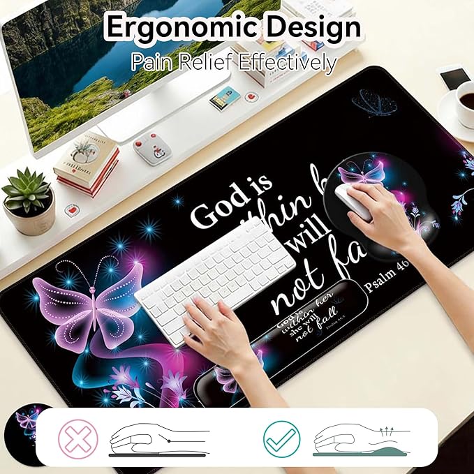 Desk Mat Set + Keyboard and Mouse Pad with Wrist Rest Support4-in-1 Large Mousepad Computer Mats for Desktop Home &amp Office-Purple Butterflies