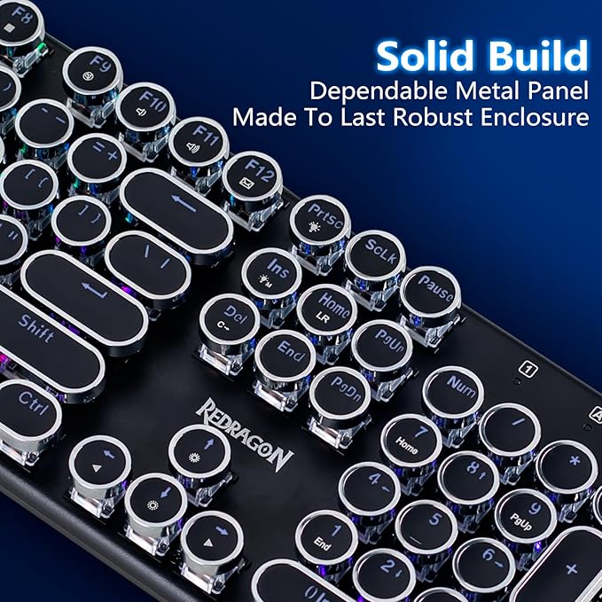 Redragon Typewriter Keyboard Wireless Mechanical Gaming Keyboard Bluetooth/2.4Ghz/Wired RGB LED Backlit Rechargeable Blue Switch - Clicky Solid Metal Panel Round Keycaps Black