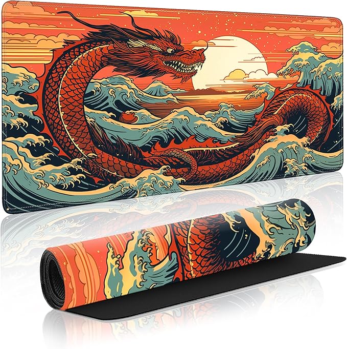 Wave Sea Dragon Gaming Mouse PadAnime Mouse Pad Gaming 31.5 x 15.7 in Mouse Mat Desk PadExtended Keyboard Pad Large Desk Mat Mousepad with Non-Slip Base and Stitched Edge for Office Home