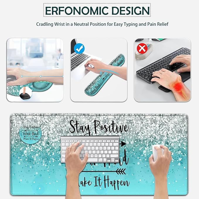 Large Mouse Pad Ergonomic Mouse Pad with Wrist Rest and Keyboard Wrist Rest 4 in 1 Set 31.5 x11.8 inch Extended Desk Pad for Home Office Work Hard Inspirational Blue Gradient XXL Gaming Mouse Mat