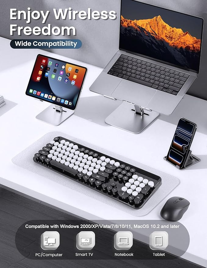 Wireless Keyboard and Mouse Combo 104 Round Keys Colorful Full Size Keyboard and Mouse with 2.4GHz USB Receiver for PC/Laptop/Tablet/Computer/Windows Black