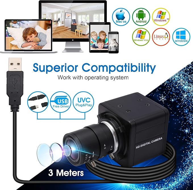 USB Camera 4K Ultra HD Mini Webcam with 2.8-12mm Optical Zoom Lens Camera High Speed USB2.0 30FPS Web Camera for MacWindowLinuxAndroid