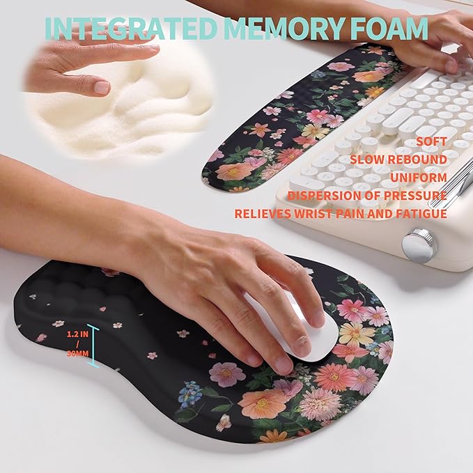 2-in-1 Ergonomic Set Wave Rise Keyboard Wrist Rest and Massage Bulge Slope Mouse Pad Wrist Support Cushion Memory Foam Integrated to Relieve Wrist Pain Flower Dance