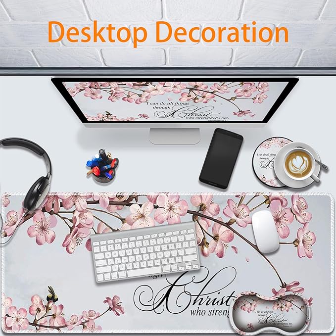 Durable Desk Mat + Wrist Rest Pad + Coasters Set Large Gaming Office Mouse Pad 31.5 x 11.8 Extended Non-Slip Rubber Keyboard Pad Laptop &amp Home Philippians 4-13