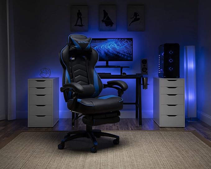 RESPAWN 110 Ergonomic Gaming Chair with Footrest Recliner - Racing Style High Back PC Computer Desk Office Chair - 360 Swivel Adjustable Lumbar Support Headrest Pillow Padded Armrests - 2019 Blue