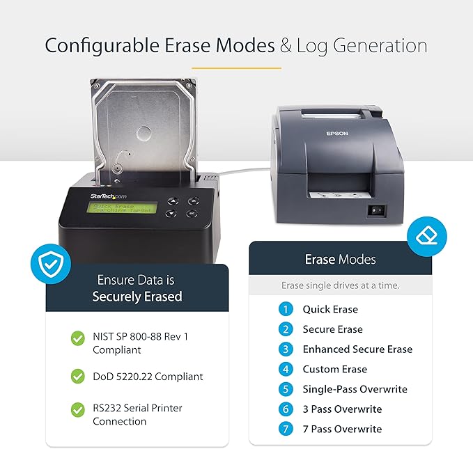StarTech.com Single Bay SSD/HDD Hard Drive Eraser 2.5/3.5 SATA Hostless Standalone Secure Erase Disk Sanitizer Hardware Wiper Erasing Tool 9 Modes Printer Port NIST/DOD LCD TAA (SDOCK1EU3P)