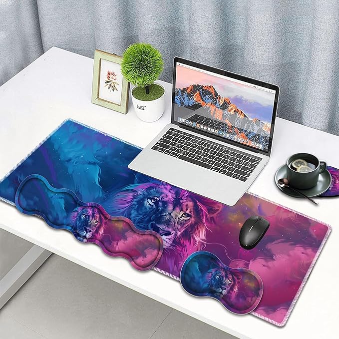Large Gaming Mouse Pad Keyboard Wrist Rest Pad + Mouse Wrist Pad + Coaster 4 in 1 Set Extended Waterproof Non-Slip Desk Mat Suitable for Office Home Learning Games Blue and Purple Lion