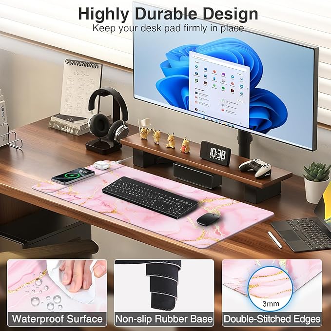 Pink Marble Mouse Pad with 15W Wireless Charging 31.5x15.8 Large Gaming Desk Pad/Mat for Women Girls Waterproof Ultra-Smooth Surface Non-Slip Base with 20W PD Adapter