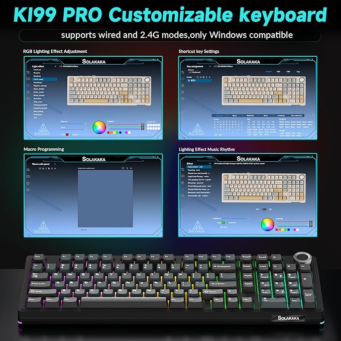 SOLAKAKA KI99 Pro Wireless Mechanical Keyboard Quiet SwitchHot Swappable Pre-Lubed Switches Silent Keyboard with RGB BacklitGasket Structure Computer Gaming Keyboards(BlackBlue Silent Switch)