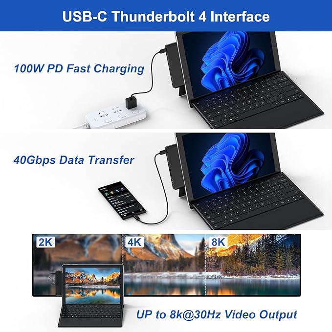 Surface Pro 9/10/11 Accessories - Surface Pro Docking Station with Thunderbolt 4(Display+Data+100W PD) 4K HDMI 2 USB3.0 3.5mm Audio SD/TF Reader HDMI+USB C Triple Display Surface Pro 11 10 9 Hub