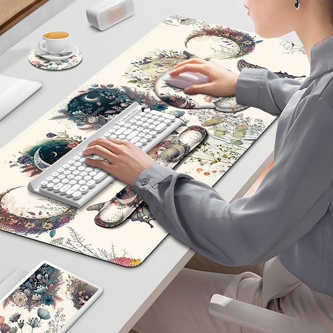 Large Desk Mat Cute Boho Plants Mouse Pad Apricot Desk Pad XXL Mousepad + Keyboard Wrist Rest+Mouse Wrist Rest+Coaster Desk Pad for Girl Women Home Office Decor Aesthetics Floar Butterfly Moon