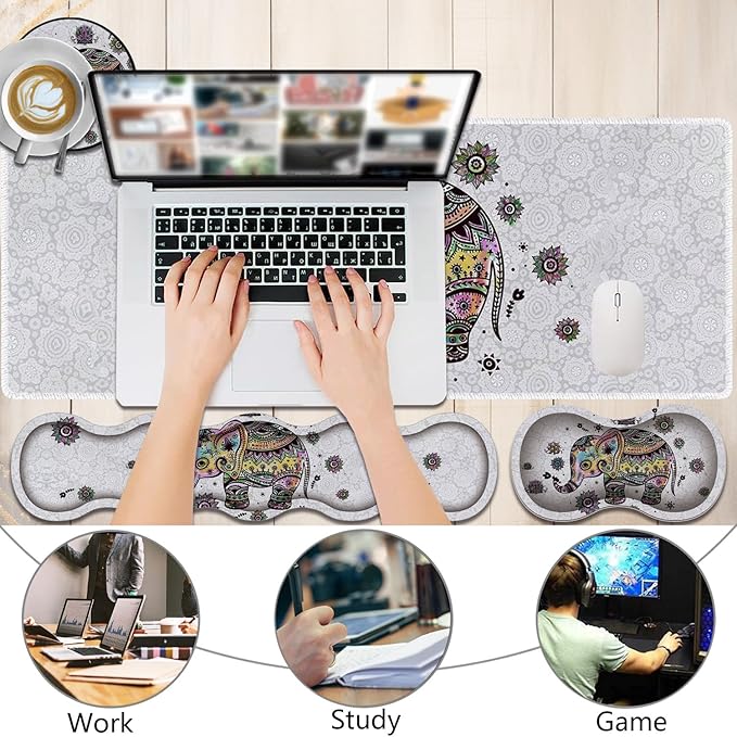 4 in 1 Mouse Pad Combo Large Gaming Mouse Pad + Keyboard Wrist Support + Mouse Wrist Rest + Coaster Table Pad with Stitched Edge Ergonomic Wrist Pad Set Cute Colorful Floral Baby Elephant