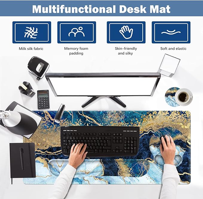 ARTSO Large Mouse Pad Ergonomic Keyboard Wrist Rest Support Set Memory Foam Gel Wrist Pad Extended Desk Mat Protector Non-Slip Desk Blotter Blue Marble