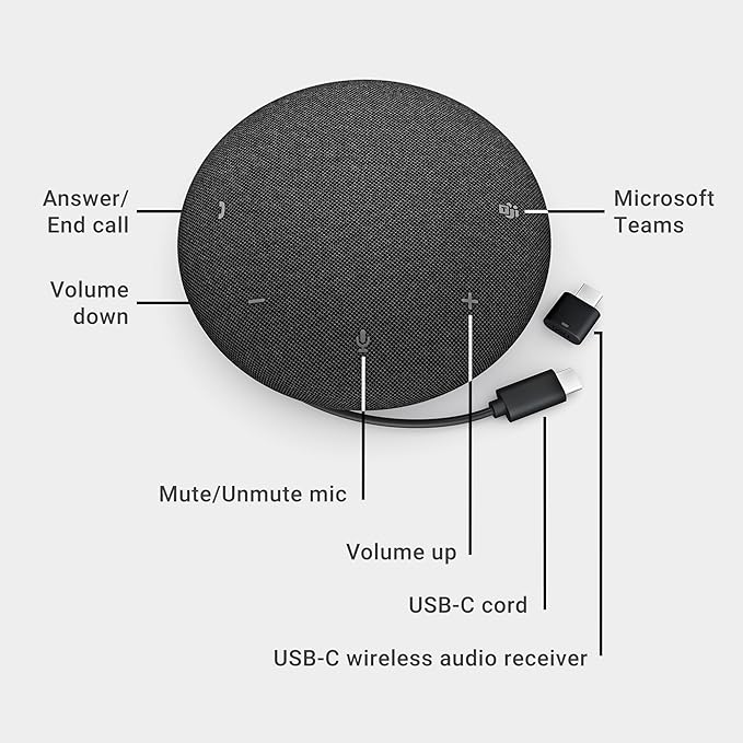 Dell Pro Plus Wireless Speakerphone - SL525 - USB-C Zoom/Microsoft Teams Certified Wired/Wireless Bluetooth 5.3 Omni-Directional AI-Based Noise Cancellation