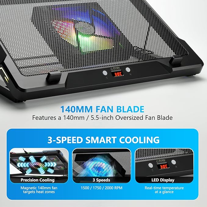 G-STORY Gaming Laptop Cooling Pad with Movable Fan and Automatic Speed Adjustable by TemperatureMusic Sync RGB LightLow Noise Laptop Cooler 3 Speed 1500/1750/2000RPM(140MM) Stand 12–18 Notebook