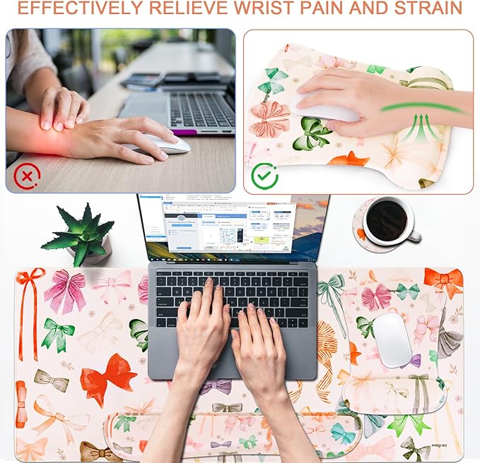 MEGREZ 4-in-1 Ergonomic Memory Foam Wrist Rest Set Desk Pad Mouse Pad with Wrist Rest Keyboard Pad Suitable for Office Workers Programmers &amp Gamers–Relieve Typing &amp Gaming Fatigue White