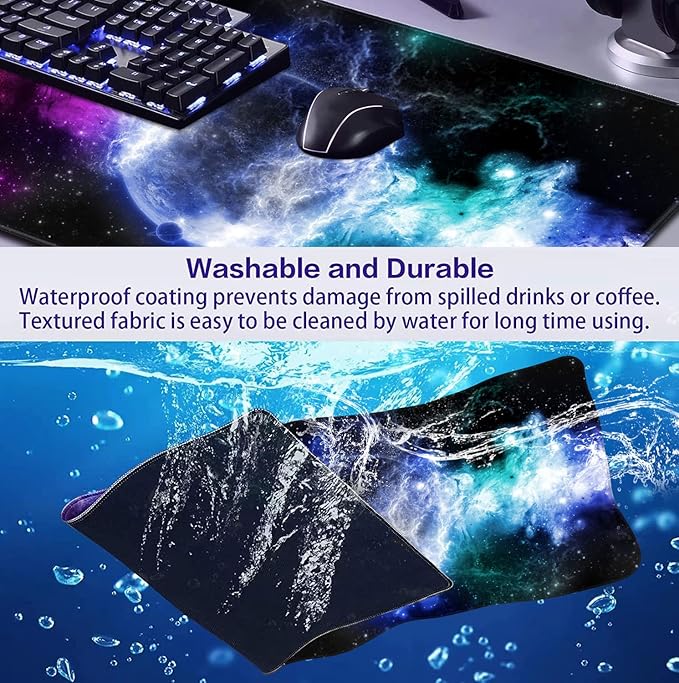 Large Extended Gaming Mouse Pad with Stitched Edges Non-Slip Waterproof Rubber Base Mouse Pad for Office Computer Keyboard Laptop and Home Desk Pad 35.4 x 15.7 x 0.12 Inch (Nebula Starry Sky)