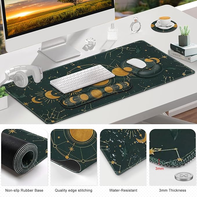 Large Desk Mat Gaming Mouse Pad Desk Pad Protector XXL Mousepad + Keyboard Wrist Rest+Mouse Wrist Rest+Coaster Ergonomic Desk Pad for Home Office Decor Dark Green Gold Moon Phases Constellation