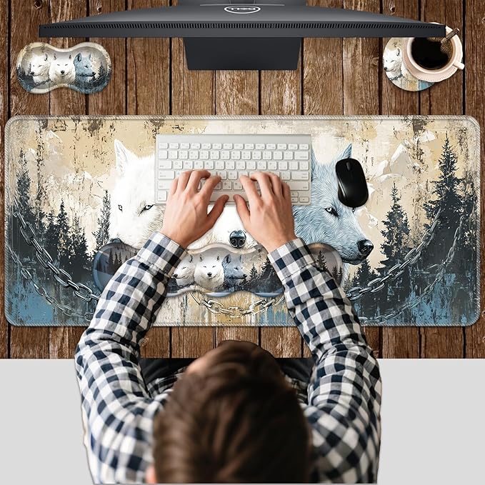 Ergonomic Keyboard Wrist Rest &amp Mouse Pad Wrist Rest SetXL Gaming Desk Mat 31.5x 11.8Non-Slip BaseMemory FoamEasy Typing Pain Relief for Office &amp HomeWolves Metal Chain Winter