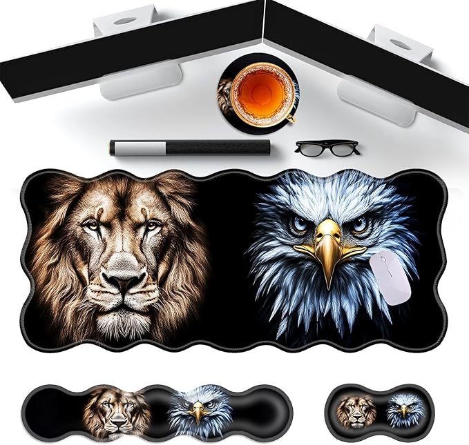 Large Gaming Mouse Pad Keyboard Wrist Rest Pad &amp Wrist Support Mousepad Set Stitched Edge Extended Non-Slip Base Memory Foam Desk Mat for Office HomeLion and Eagle Face Art