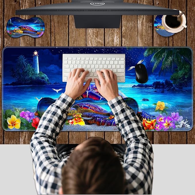 Ergonomic Keyboard Wrist Rest &amp Mouse Pad Wrist Rest SetXL Gaming Desk Mat 31.5x 11.8Non-Slip BaseMemory FoamEasy Typing Pain Relief for Office &amp HomeSea Turtle on Starry Beach