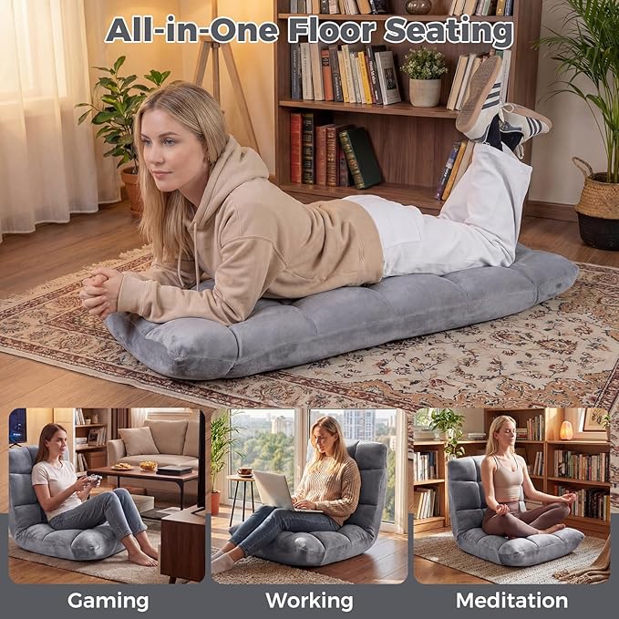 COSTWAY Floor Chair Video Gaming Chairs with Back Support Adjustable 14-Position Alloy Steel Frame Lazy Sofa Lounge Recliner for Adults Kids (Silver Grey)