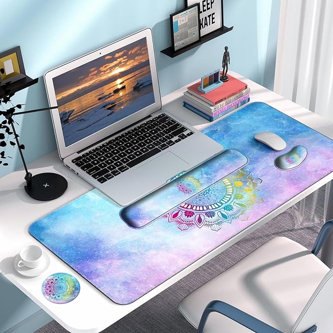 Keyboard Wrist Rest + Mouse Pad with Wrist Support + Desk Mat + Coaster 4 in 1 Set XXL Large Gaming Mousepad Cute Ergonomic Mouse Pads for Desk Computer Laptop Office Decor-Star Mandala