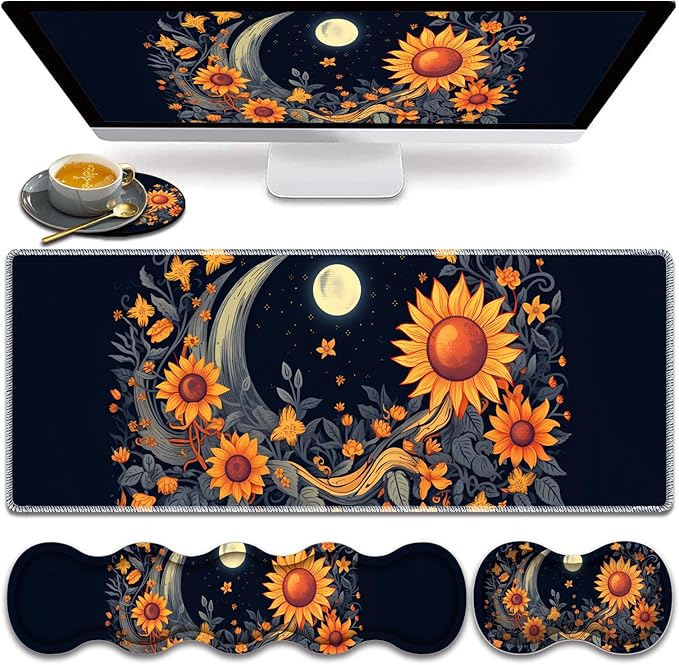 Large Gaming Mouse Pad Keyboard Wrist Rest Pad + Mouse Wrist Pad + Coaster 4 in 1 Set Extended Waterproof Non-Slip Desk Mat Suitable for Office Home Learning Games Sunflower Moon