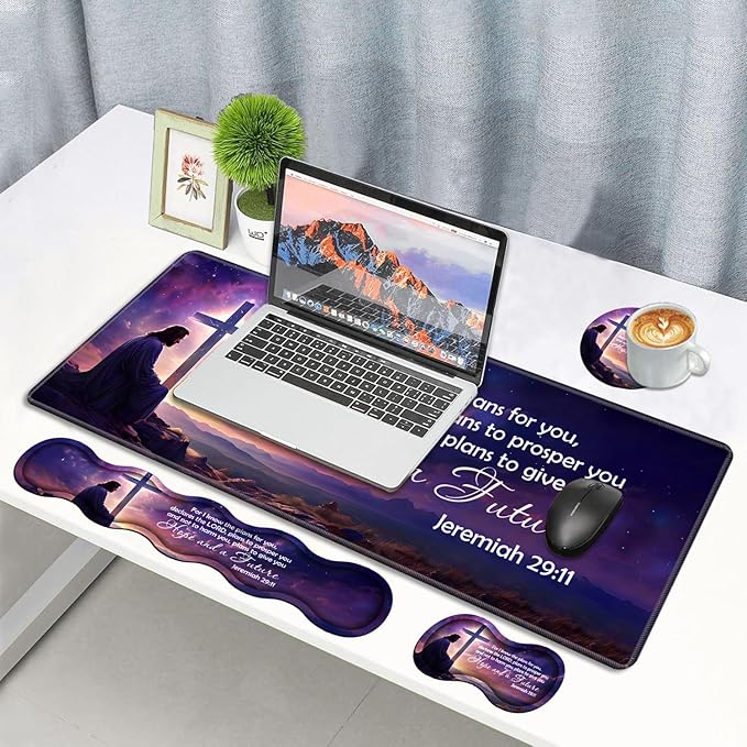 Ergonomic Memory Foam Mouse Pad Wrist Rest SetLarge Gaming Desk Pad + Keyboard Wrist Rest + Mouse Wrist Cushion + Coaster for Home Office Study GamingChristian Cross Quote Bible Verse Jeremiah 29:11