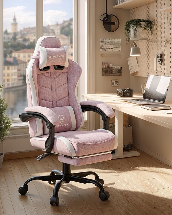 GTPLAYER Gaming Chair with Footrest Computer Gaming Chair for Adults and Kids Height Adjustable Gamer Chair with 90-155° Recline &amp Removable Headrest Lumbar SupportLinen Fabric Pink