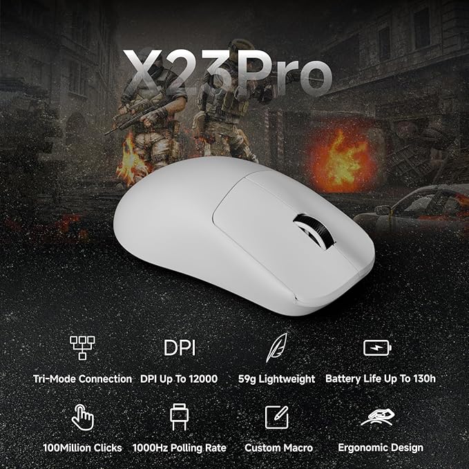 X23Pro Wireless Gaming Mouse 2.4G/BT5.0/USB-C Esports Gaming Mouse 800mAh Rechargeable Lightweight Mouse Gaming 12000 DPI Wireless Mouse with 6 Programmable Buttonsfor Laptop/PC/Mac White