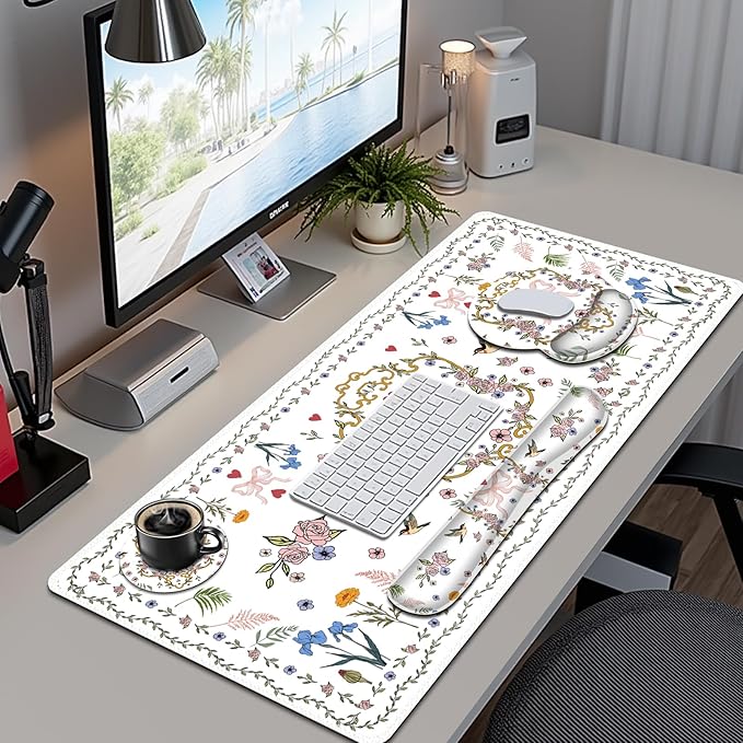 White Florals Mouse Pad XXL Large Desk Mat Extended Nature Aesthetic Desk pad 4 PCS Non-Slip Rubber Base Computer Big Mousepads for Work Game Office Home Decor I Weeds Vintage Birds