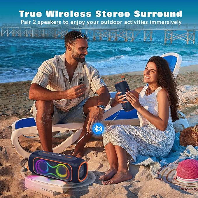 Musibaby 80W Bluetooth Speaker Loud Portable Speaker with Deep Bass Waterproof Outdoor Speaker with RGB Lights for Camping Beach &amp Party 24H Playtime BT5.3 Dual Pairing