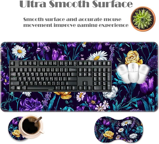 Ergonomic Keyboard Wrist Rest &amp Mouse Pad Wrist Rest SetXL Gaming Desk Mat 31.5x 11.8Non-Slip BaseMemory FoamEasy Typing Pain Relief for Office &amp HomePurple Floral Bouquet