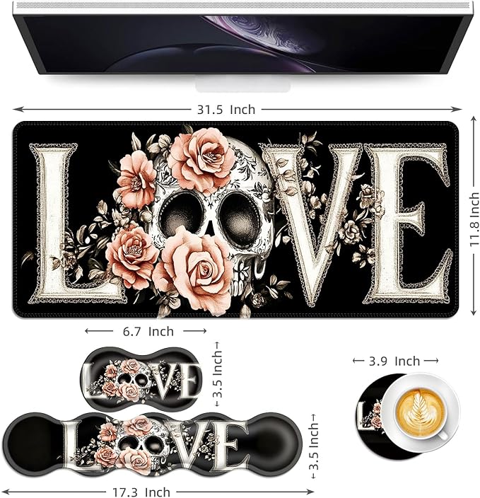 Keyboard Mouse Pad Set Extended Gaming Mouse Pad+Ergonomics Keyboard Wrist Rest Support Memory Foam Easy Typing Pain Relief 4Pcs XL Ultra Thick Desk MatSkull Pink Roses Love Design