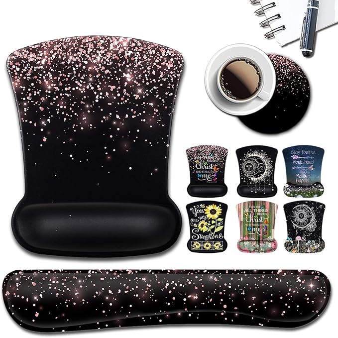 Ergonomic Gel Mouse Pad with Wrist Support Memory Foam Keyboard Wrist Rest Non-Slip PU Base for Home Office Working Studying Easy Typing &amp Pain Relief Rose Gold Glitter Black Mousepad