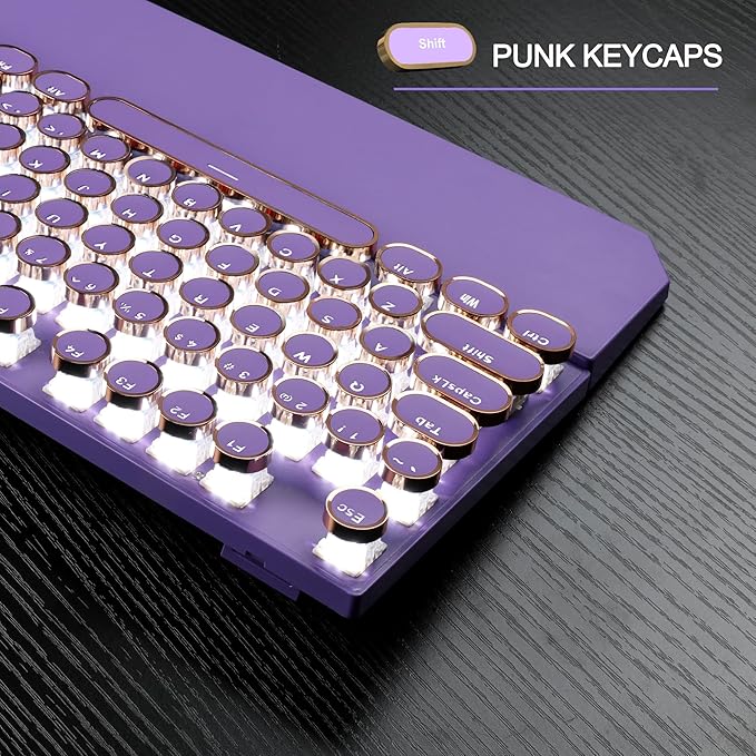 MageGee Typewriter Mechanical Gaming Keyboard Retro Punk Purple Round Keycaps 104 Keys LED White Backlit Wired Keyboards for Laptop MAC PC Gamer with Magnetic Wrist Rest Blue Switch
