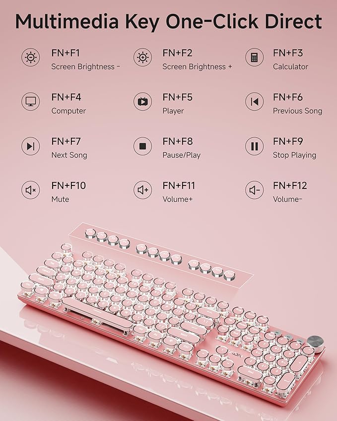 EWEADN Typewriter Style Mechanical Keyboard Wired Typewriter Keyboards104 Keys Backlit LED Metal Keyboards Media Control Knob Wired Computer Keyboard White Switch for Windows/Mac/PC-Dark Pink