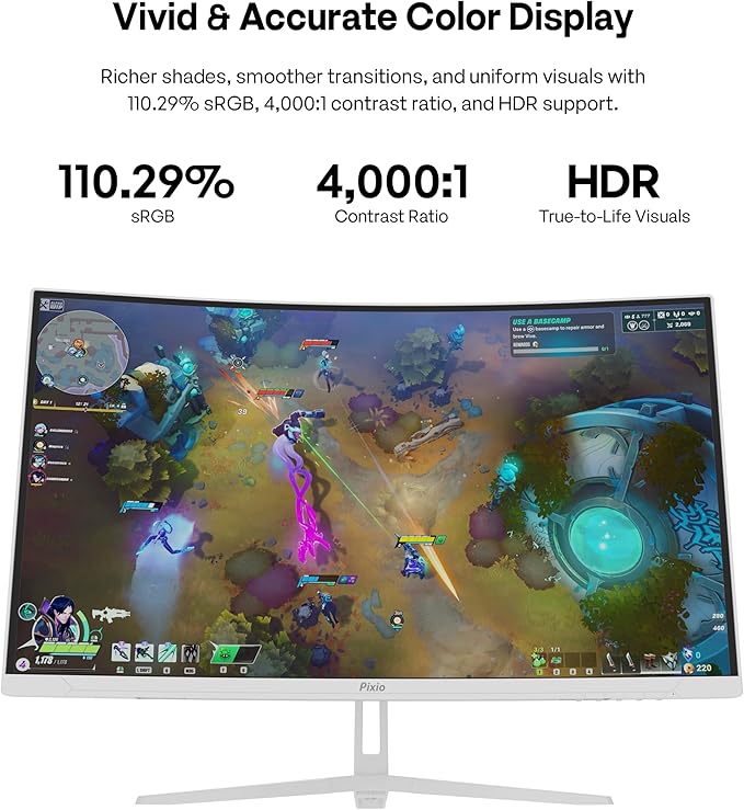 Pixio PXC279WAVE White 27 inch 300Hz Refresh Rate FHD 1080p Resolution 1650R Curve Fast VA Panel 1ms GTG Response Time HDR Curved Gaming Monitor and PS1S Wave White Single Monitor Arm