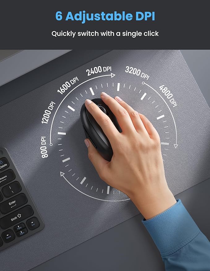 TECKNET Ergonomic Mouse Bluetooth Wireless Vertical Mouse Rechargeable Battery Quiet Clicks 4800 DPI Adjustable BT5.0/3.0 &amp 2.4G Connect Easy to use Wide Compatibility - Black