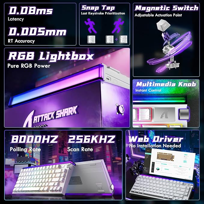 ATTACK SHARK R85HE Wired 75% Hall Effect Rapid Trigger Mechanical RGB Gaming Keyboard with 8K Polling0.05mm RT Accuracy0.08MS LatencyMagnetic Switch5Layer Sound DampedDriver for PC(White Contour)